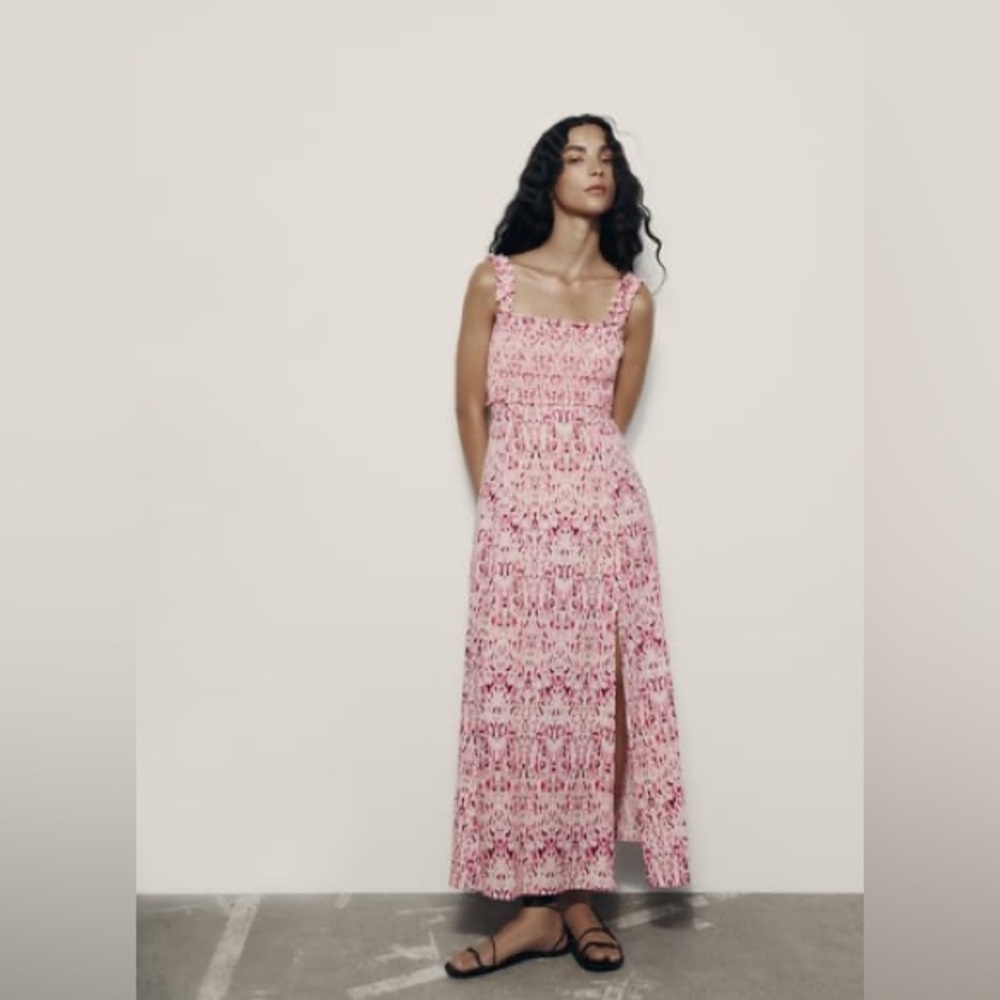 ZARA LINEN BLEND PRINTED MIDI DRESS SMALL NWT